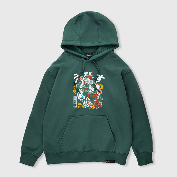Ebisu- A Japanese style dark green hoodie featuring the Ebisu graphic design on the front. 