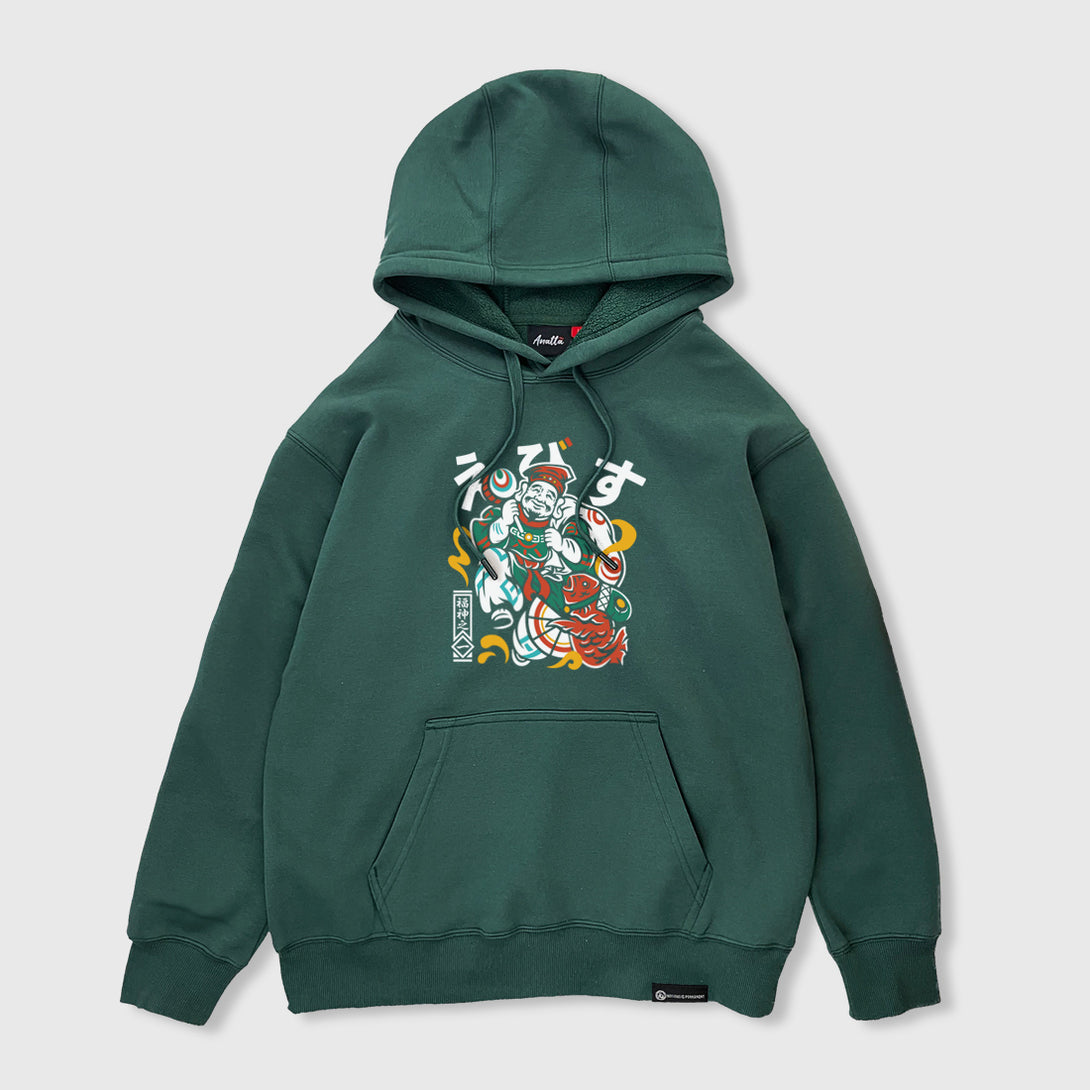 Ebisu- A Japanese style dark green hoodie featuring the Ebisu graphic design on the front. 