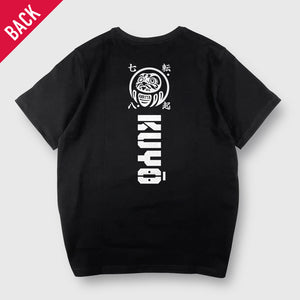Daruma kuyō - A Japanese style black heavyweight T-shirt featuring a design of daruma doll, printed on the back -back view