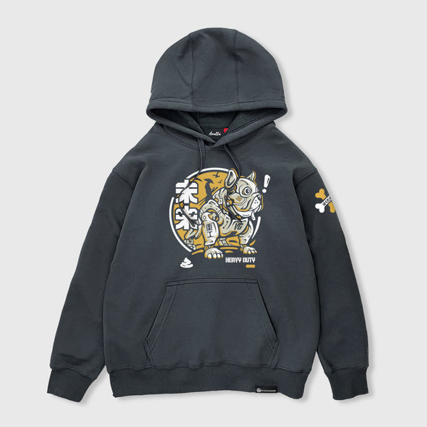 Robotic Dog - A Japanese style dark grey hoodie featuring a samurai commanding a mechanical battle dog graphic design printed on the front. The battle dog gazes at a dog bone on the left sleeve