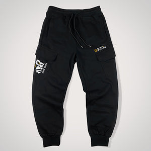 Angry APE - a Japanese style black flap pocket pants with original design printed on the two pockets- front view