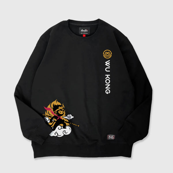 Wukong - A Japanese black sweatshirt featuring a design of a minimalist style Wukong printed in the bottom right corner. The word Wukong and an icon are printed on the left front