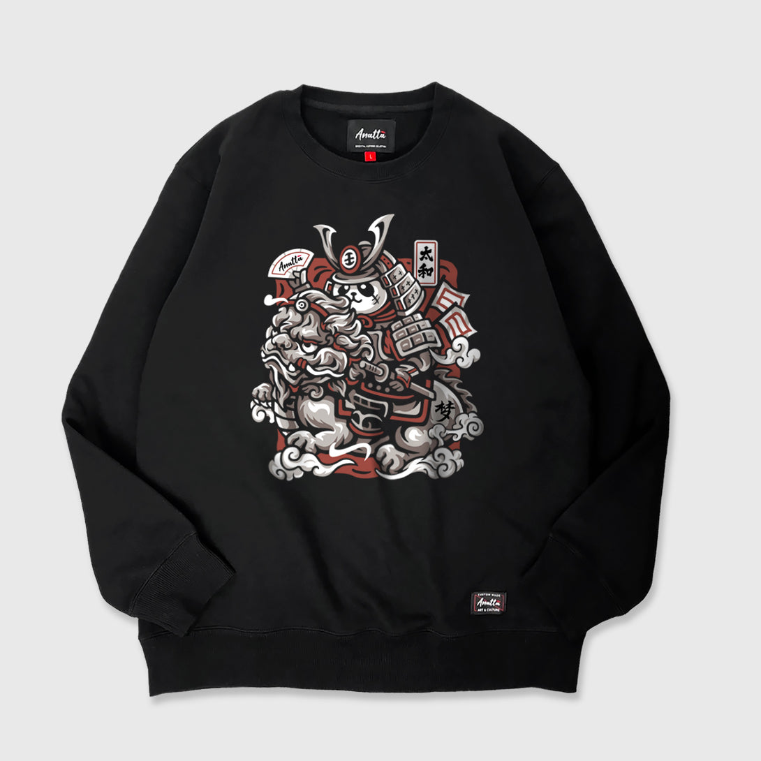 Dream Big - A Japanese black sweatshirt featuring a design of a panda warrior in Japanese style riding a Qilin on the front