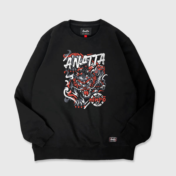 A Japanese-style black sweatshirt featuring a design showcasing a ninja controlling a mythical beast, printed on the front - anatta streetwear