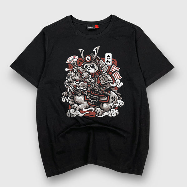 Dream Big - A Japanese style black heavyweight T-shirt featuring a design of a panda warrior in Japanese style riding a Qilin printed on the front