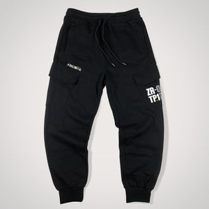 Mecha-Danger Zone - a Japanese style black flap pocket pants with original graphic design - front view