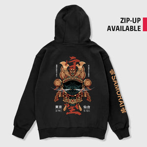 Kabuto - A Japanese style black hoodie showcasing an intricate illustration of a Japanese samurai helmet printed on the back, with The word 'samurai' printed on the right sleeve.