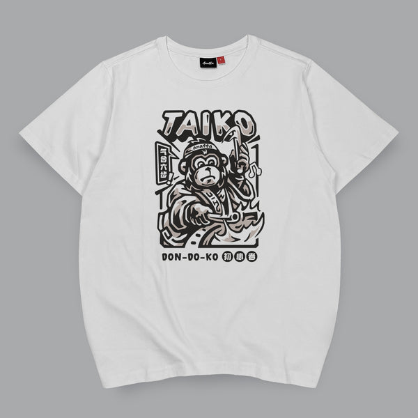 Taiko - A Japanese style white heavyweight T-shirt featuring the design of a monkey dressed in traditional Japanese clothing playing a taiko drum printed on the front.