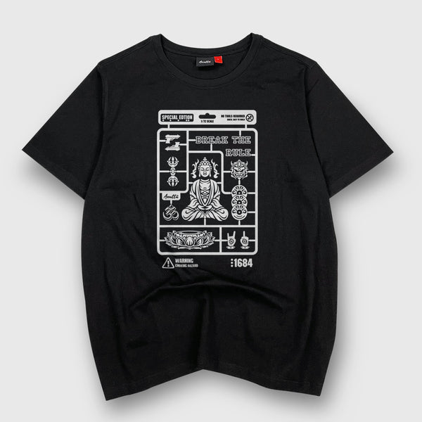 Buddha model kit - A Japanese style black heavyweight T-shirt featuring a vintage-style Buddha model kit design printed on the front.