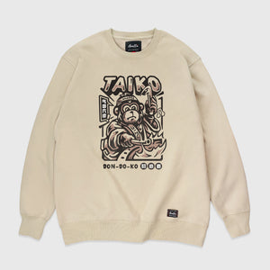 Taiko - A Japanese khaki sweatshirt featuring a design of a monkey dressed in traditional Japanese clothing playing a taiko drum printed on the front