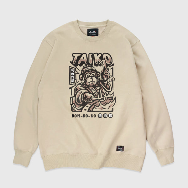 Taiko - A Japanese khaki sweatshirt featuring a design of a monkey dressed in traditional Japanese clothing playing a taiko drum printed on the front 