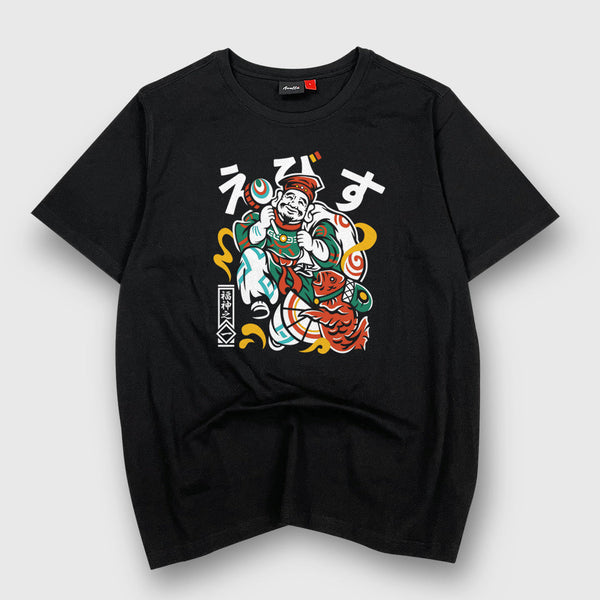 Ebisu - a Japanese style black heavyweight T-shirt featuring the Ebisu graphic design, printed on the front