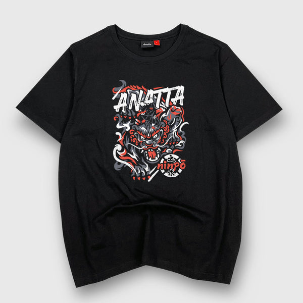 A Japanese-style black heavyweight t-shirt featuring a design showcasing a ninja controlling a mythical beast, printed on the front - anatta streetwear