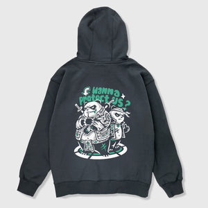 Panda Gang - A Japanese style dark grey hoodie featuring a graphic design of two fierce panda gang members with the caption 'wanna protect us?' printed on the back
