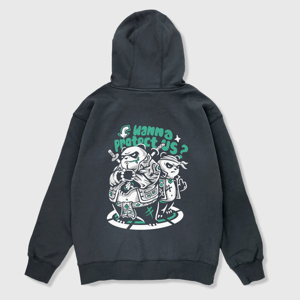 Panda Gang - A Japanese style dark grey hoodie featuring a graphic design of two fierce panda gang members with the caption 'wanna protect us?' printed on the back 