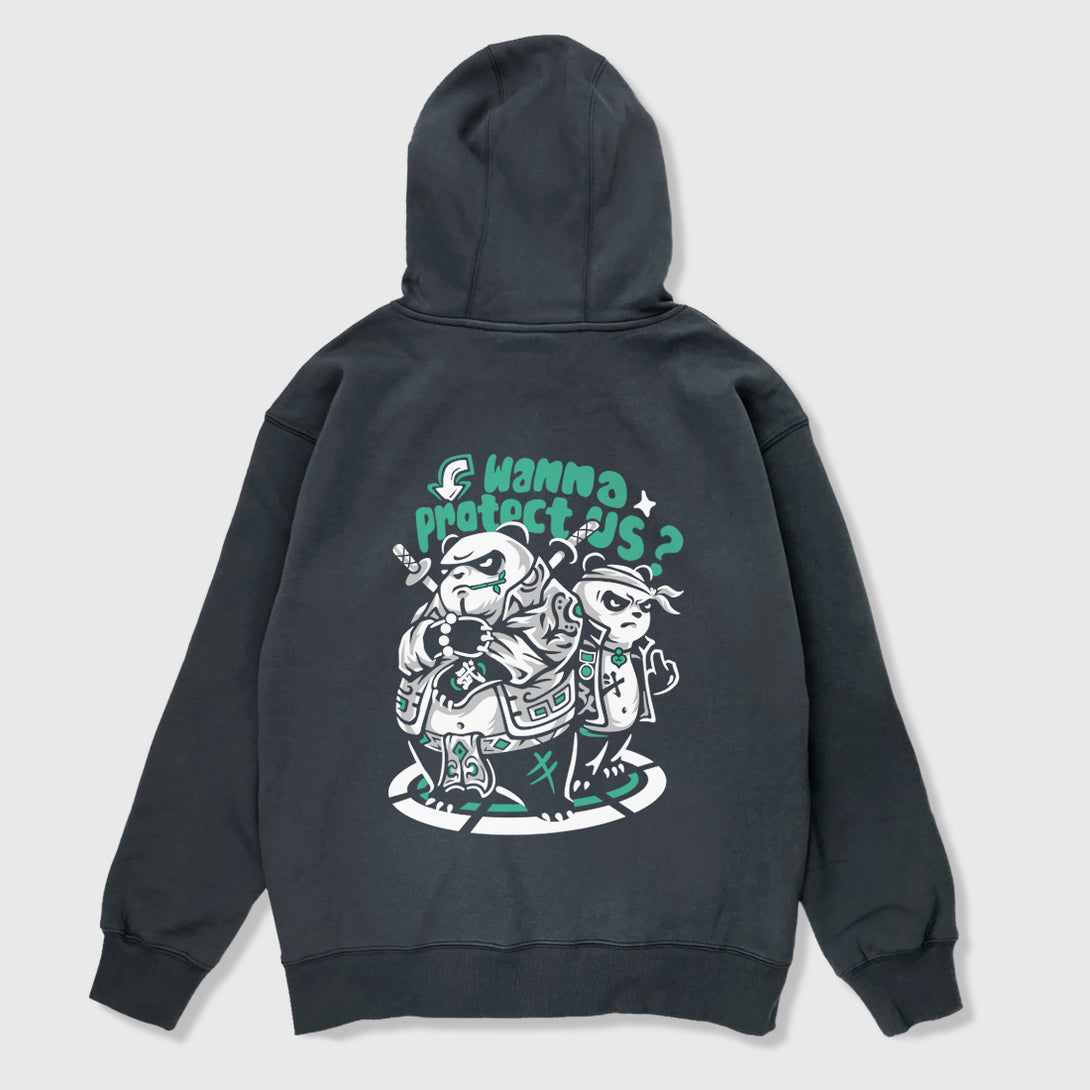 Panda Gang - A Japanese style dark grey hoodie featuring a graphic design of two fierce panda gang members with the caption 'wanna protect us?' printed on the back 