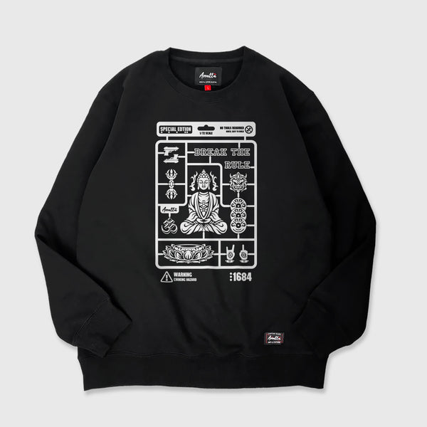 Buddha Model Kit - Front view of a Japanese black sweatshirt, featuring a vintage-style Buddha model kit design printed on the front.