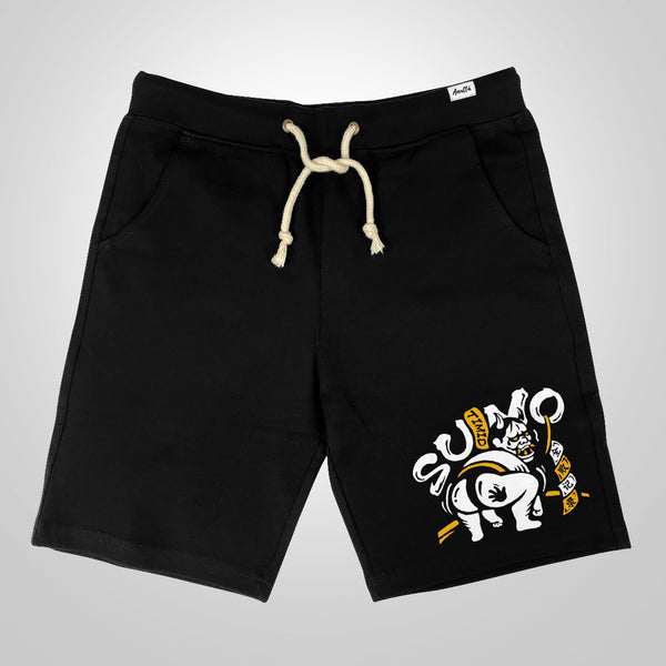 Timid Sumo - A Japanese style black shorts featuring a cute design of a timid sumo printed on the right.