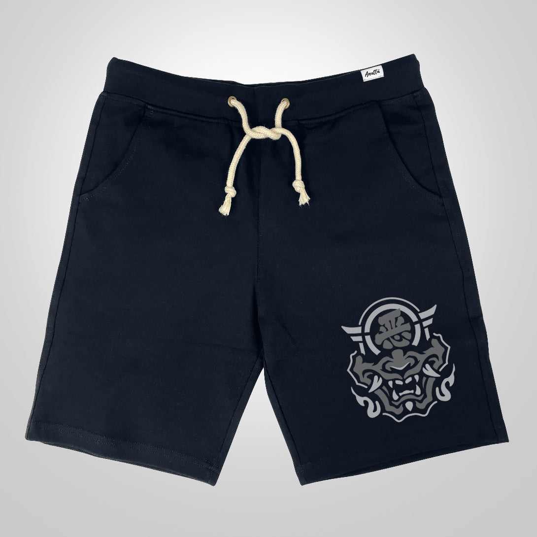 Hannya Mask - A Japanese style dark blue shorts featuring a graphic design of the Japanese Hannya mask,  printed on the left.