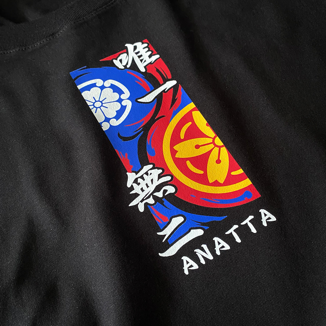 a close-up of the redesign of traditional Japanese patterns, printed on the front of a Japanese style black tank top