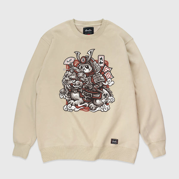 Dream Big - A Japanese khaki sweatshirt featuring a design of a panda warrior in Japanese style riding a Qilin on the front