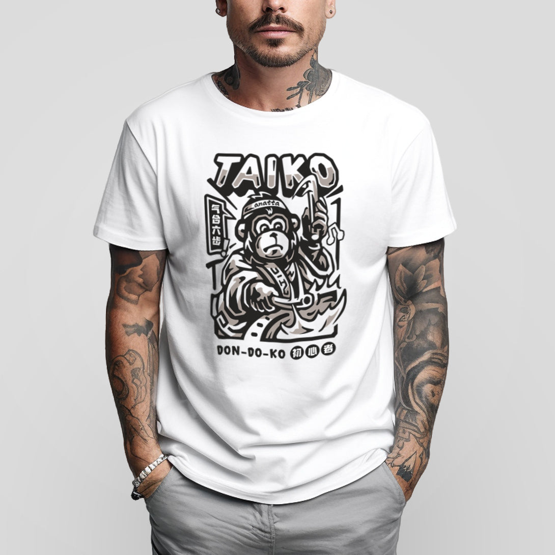 Taiko - a model wearing a Japanese style white heavyweight T-shirt, the design of a monkey dressed in traditional Japanese clothing playing a taiko drum printed on the front.