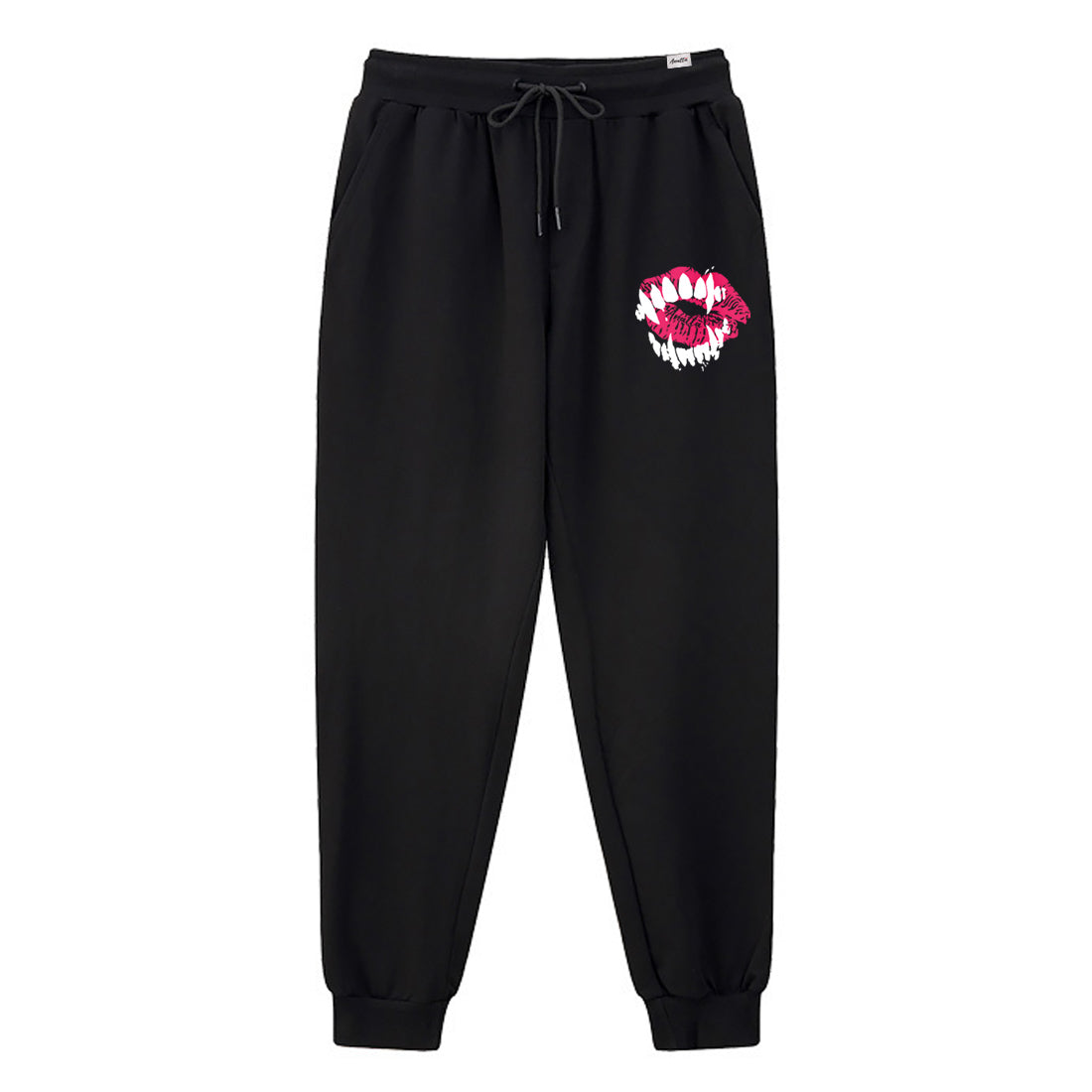 Chimei-teki - A Japanese style black sweatpants featuring a design combining red lips with devilish teeth, printed on the left.