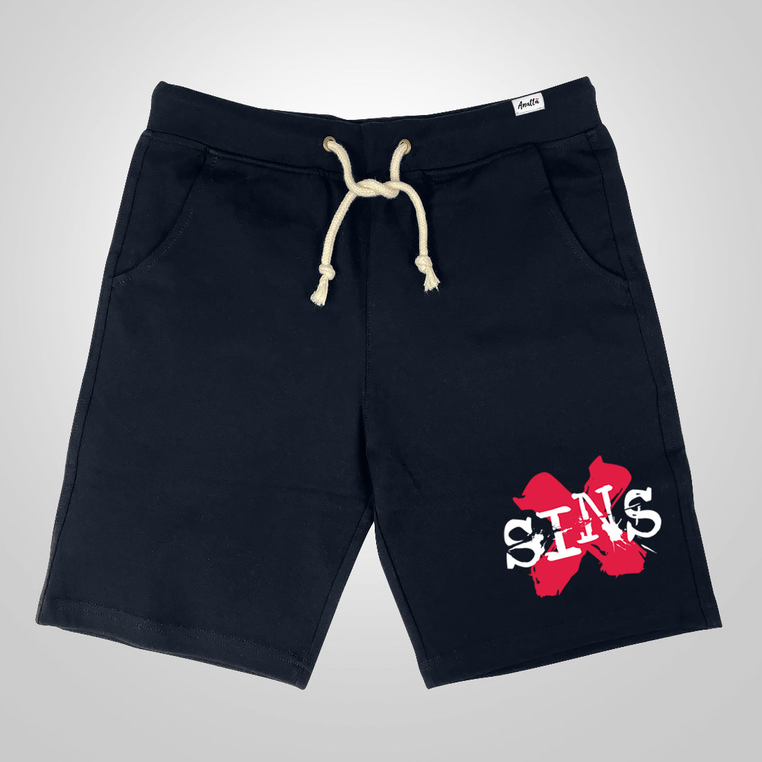 Do Not Evil - A Japanese style dark blue shorts featuring a graphic design, printed on the left.