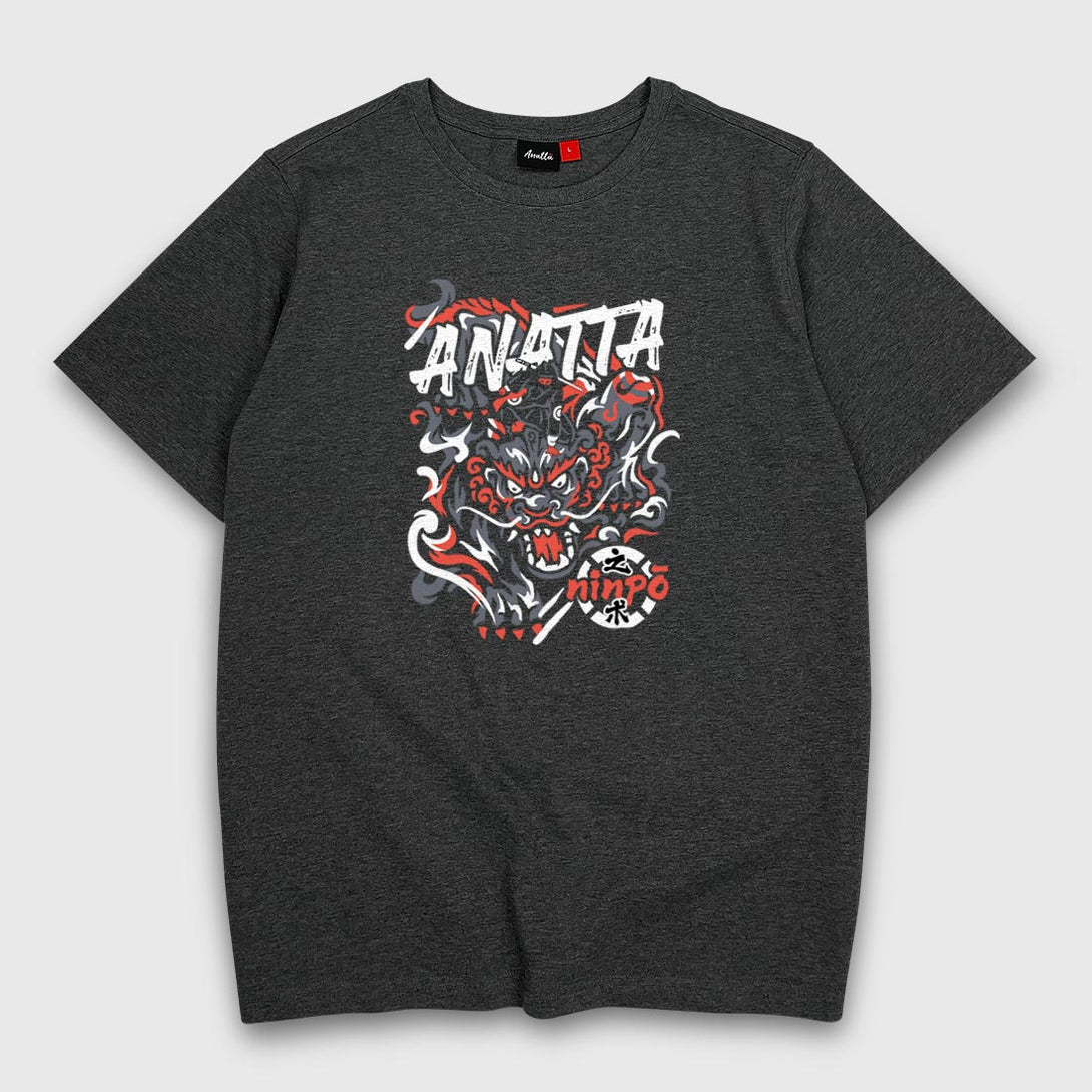 A Japanese-style dark grey heavyweight t-shirt featuring a design showcasing a ninja controlling a mythical beast, printed on the front - anatta streetwear
