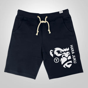 Dark blue heavyweight streetwear shorts featuring a Japanese-inspired angry ape graphic.