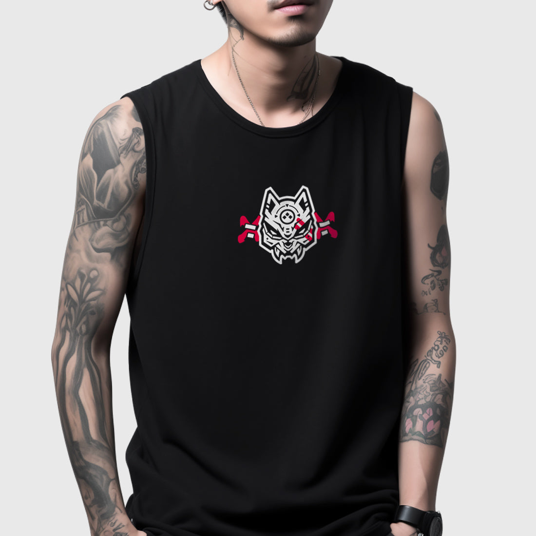 A model wearing a Japanese style black tank top featuring the Japanese kitsune warrior, printed on the front