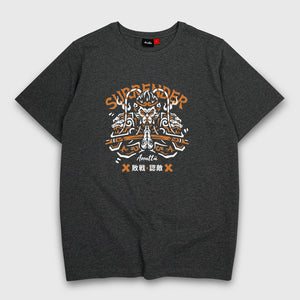 A Japanese style dark grey heavyweight T-shirt featuring a graphic design of Sun Wukong Surrendering, printed on the front - Anatta Streetwear. Perfect for fans of Chinese mythology and street fashion