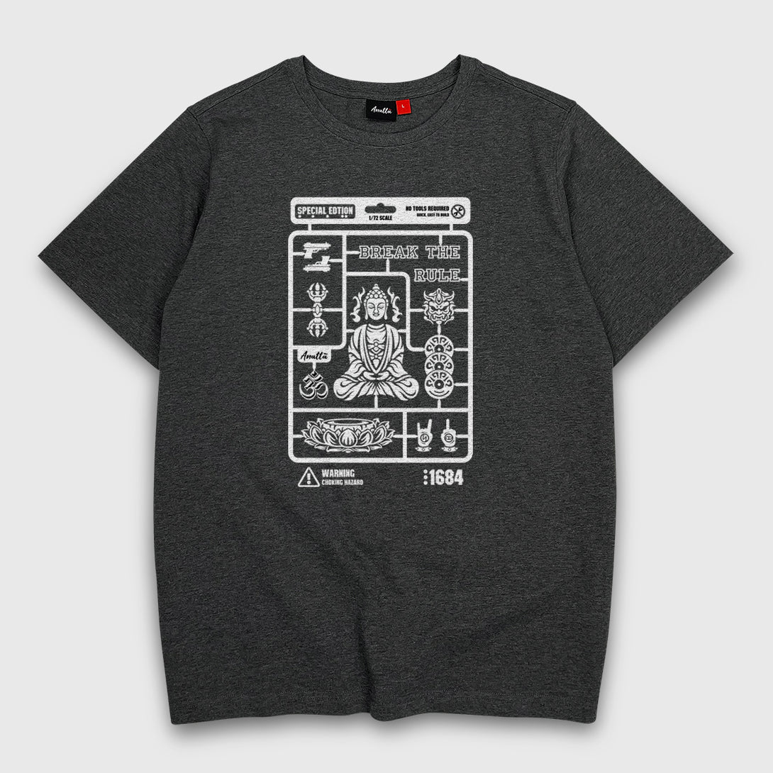 Buddha model kit - A Japanese style dark grey heavyweight T-shirt featuring a vintage-style Buddha model kit design printed on the front.
