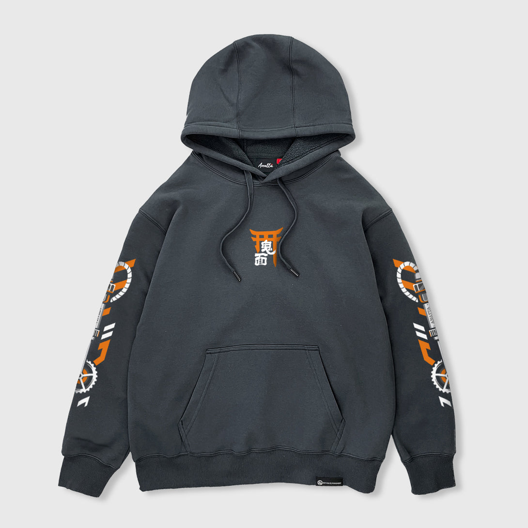 Oni mask - Front view of the Japanese style dark grey hoodie, featuring a small graphic design on the front, graphics printed on the both sleeves