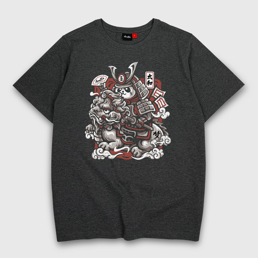 Dream Big - A Japanese style dark grey heavyweight T-shirt featuring a design of a panda warrior in Japanese style riding a Qilin printed on the front