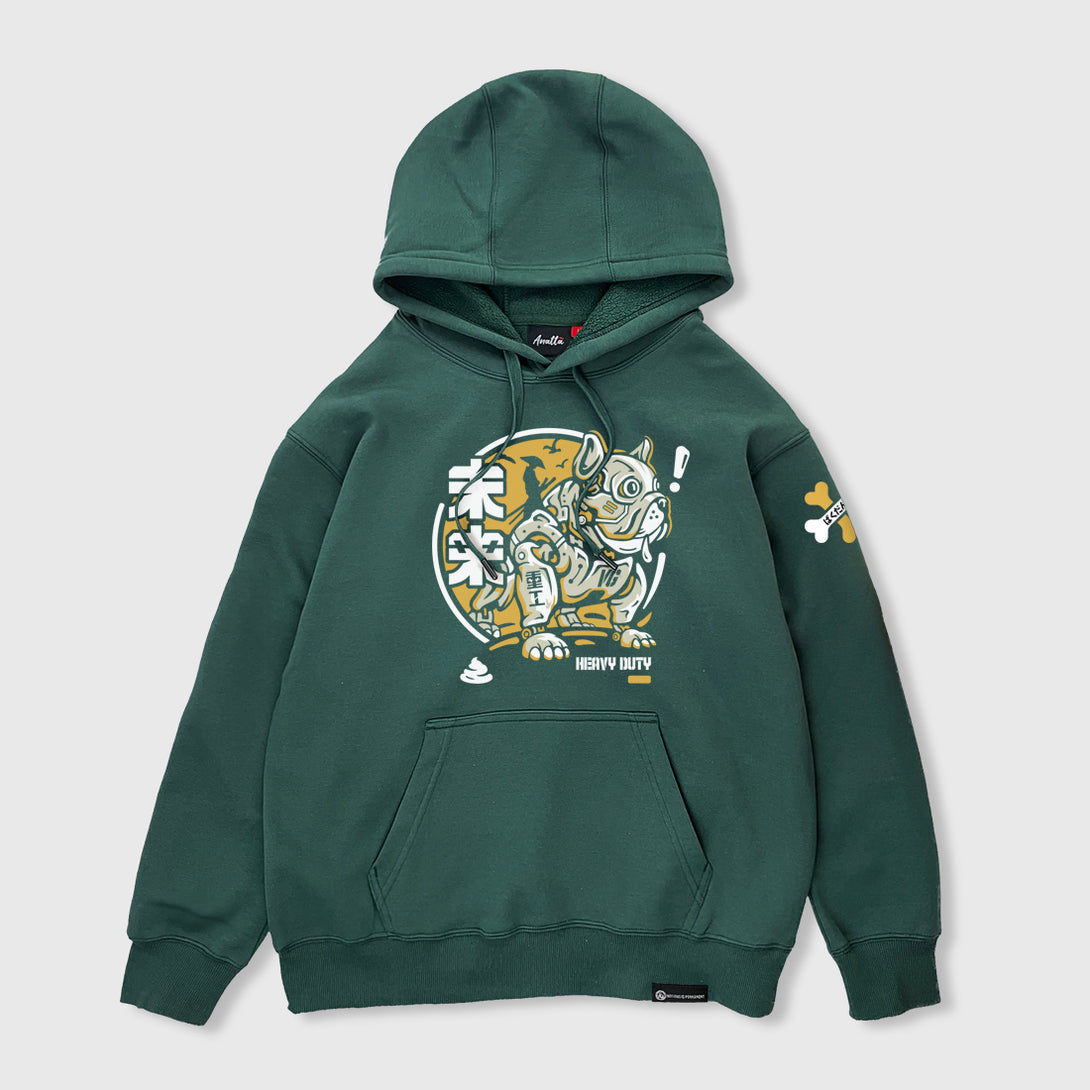 Robotic Dog - A Japanese style dark green hoodie featuring a samurai commanding a mechanical battle dog graphic design printed on the front. The battle dog gazes at a dog bone on the left sleeve