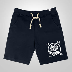 Daruma kuyō - A Japanese style dark blue shorts featuring a design of a Japanese daruma doll, printed on the left.