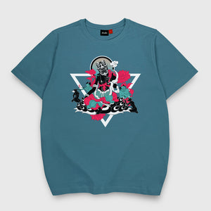 Myth of Underworld - A Japanese style blue stone heavyweight T-shirt featuring a graphic design depicting the underworld from Eastern mythology, printed on the front