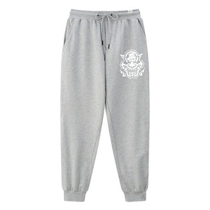 hannya mask - A Japanese style light grey sweatpants featuring a graphic design of the Japanese Hannya mask, printed on the left.