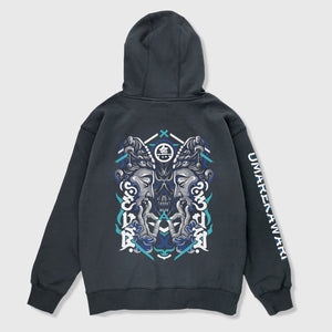Umarekawari - A Japanese style dark grey hoodie featuring a design of Buddhas confronting the evil illustration on the back, with Japanese characters printed on the right sleeve - Anatta Streetwear