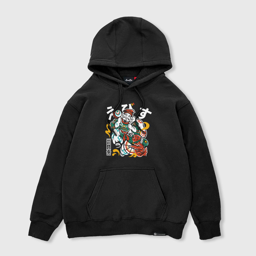 Ebisu- A Japanese style black hoodie featuring the Ebisu graphic design on the front. 