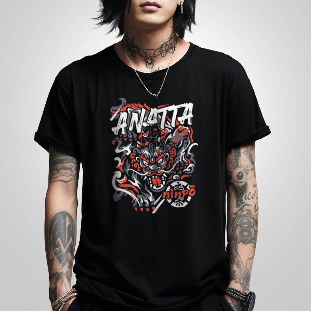 a model wearing a black heavyweight t-shirt, featuring a design showcasing a ninja controlling a mythical beast, printed on the front - anatta streetwear