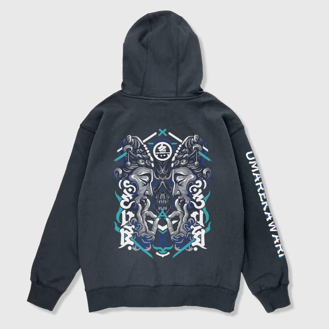 Umarekawari - A Japanese style dark grey hoodie featuring a design of Buddhas confronting the evil illustration on the back, with Japanese characters printed on the right sleeve.