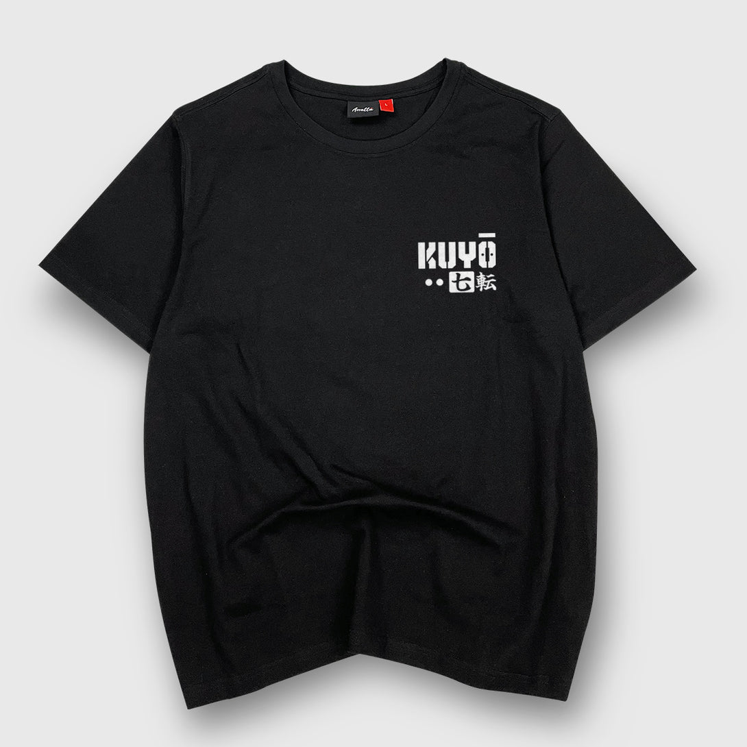Daruma kuyō - a Japanese style black heavyweight T-shirt featuring a text graphic design, printed on the left chest