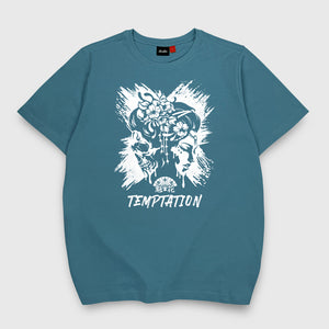 Oiran X Temptation - a Japanese style blue stone heavyweight T-shirt featuring the design that combines oiran with a skull printed on the front
