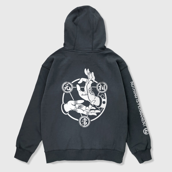 Mudra - A Japanese style dark grey hoodie featuring a graphic design of Buddhism Mudra printed on the back 