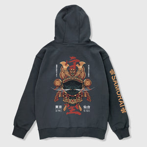 Kabuto - A Japanese style dark grey hoodie showcasing an intricate illustration of a Japanese samurai helmet printed on the back, with The word 'samurai' printed on the right sleeve.