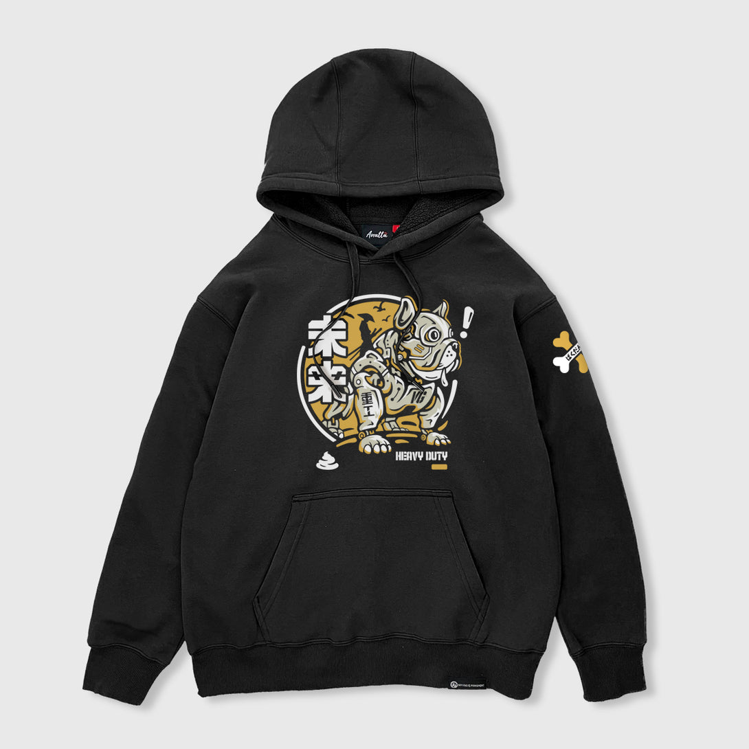 Robotic Dog - A Japanese style black hoodie featuring a samurai commanding a mechanical battle dog graphic design printed on the front. The battle dog gazes at a dog bone on the left sleeve