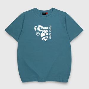 a Japanese style blue stone heavyweight T-shirt featuring a graphic design of the angry ape, printed on the front - Anatta Streetwear