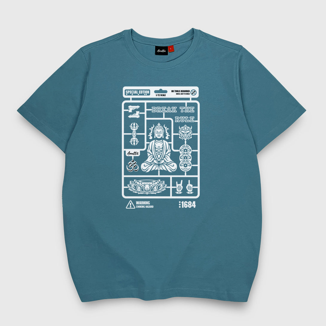 Buddha model kit - A Japanese style blue stone heavyweight T-shirt featuring a vintage-style Buddha model kit design printed on the front.